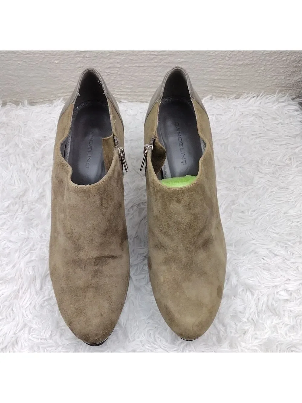 Bandolino Cardinal Taupe Suede Patent Leather Almond Toe High Heel Ankle Bootie